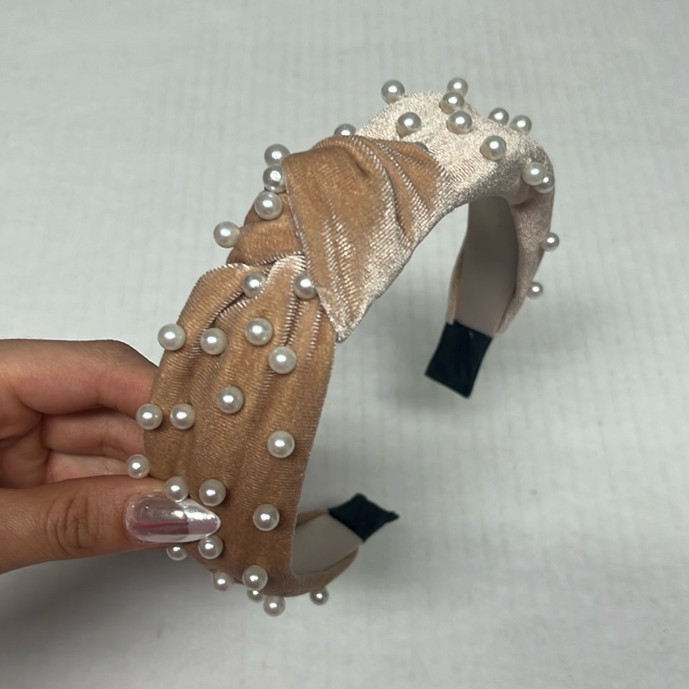 Tan Velvet Pearl Headband – Bridal Shower, Tea Party, Coquette Hair Accessory - Picture 2 of 8